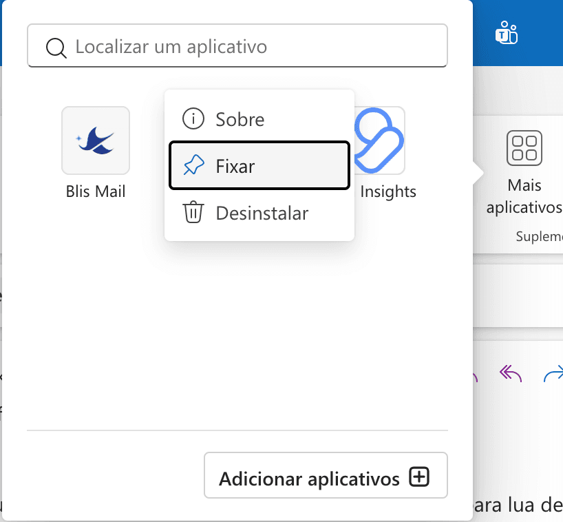 Ícone do Blis Mail em Mais Aplicativos na barra de opções
