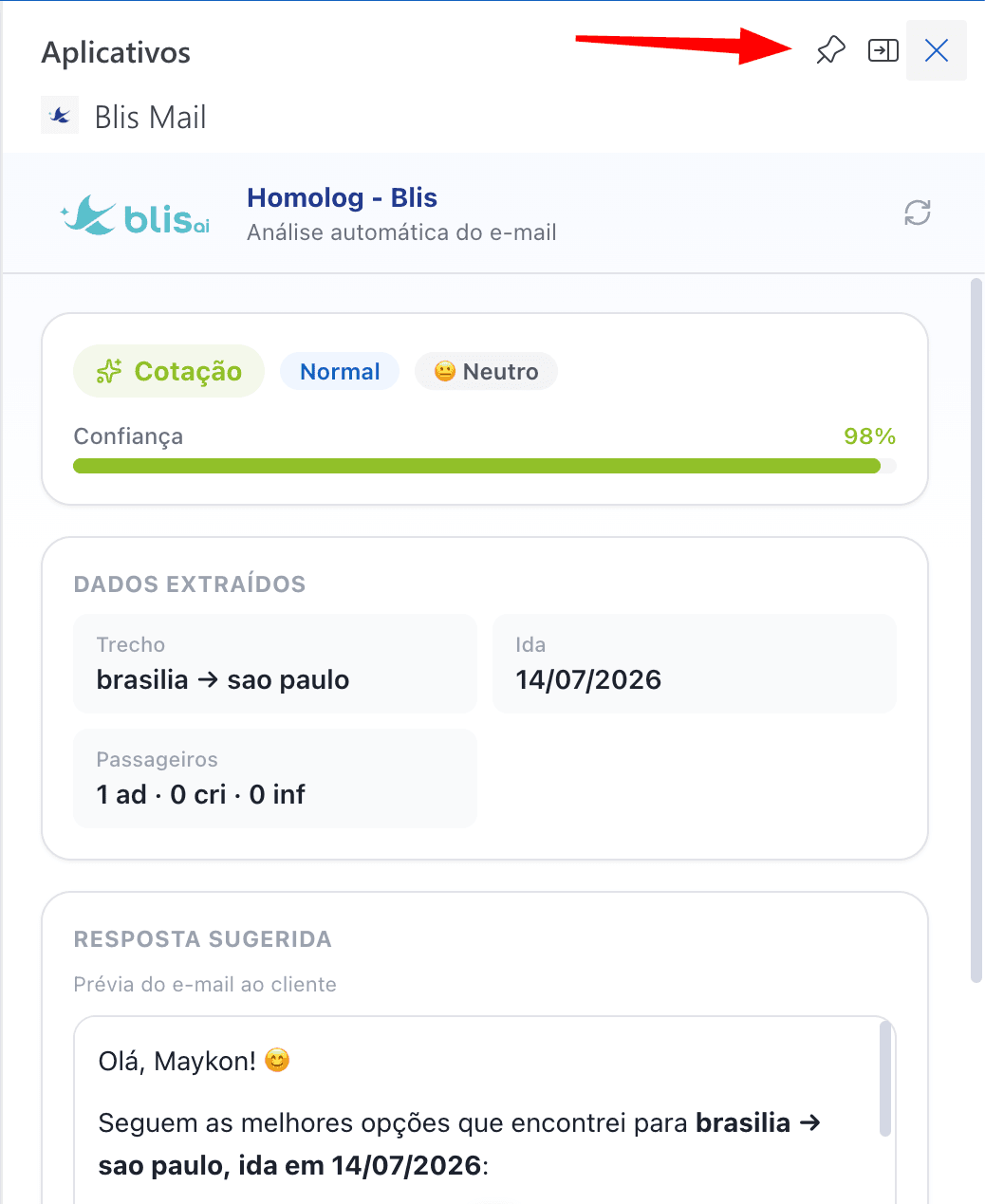 Painel do Blis Mail com a análise e a resposta sugerida